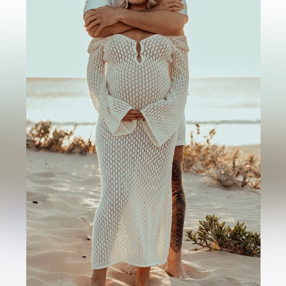 Elegant White Crochet Maternity Maxi Dress